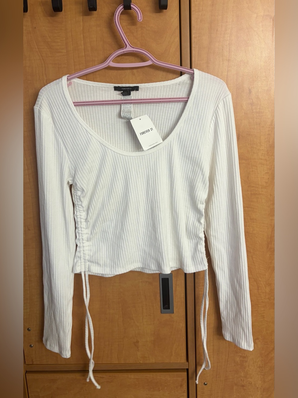 Forever 21 White Ribbed Long Sleeve Side-Tie Crop Top
